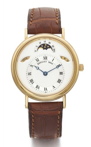 Breguet A YELLOW GOLD AUTOMATIC WRISTWATCH WITH DAY, DATE AND MOON PHASES REF 3330 NO 3800 CIRCA 1995
