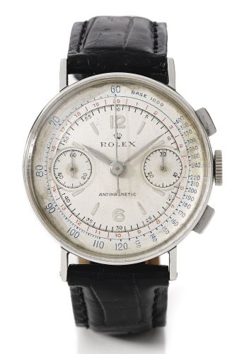 Rolex A RARE STAINLESS STEEL CHRONOGRAPH WRISTWATCH WITH REGISTERS REF 3484 CASE 041533 ANTIMAGNETIC CIRCA 1942