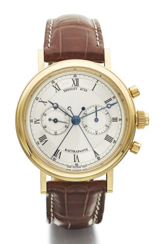 Breguet A YELLOW GOLD SPLIT SECONDS CHRONOGRAPH WRISTWATCH WITH REGISTER REF 5947 NO 4732 MVT 0366 RATTRAPANTE CIRCA 2006