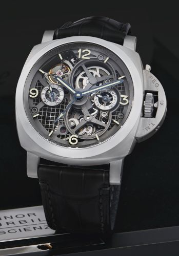 Panerai A RARE SPECIAL EDITION TITANIUM CUSHION-FORM SKELETONIZED TOURBILLON DUAL TIME ZONE WRISTWATCH WITH AM/PM AND 6-DAY POWER RESERVE INDICATION PAM00578 NO 014/150 LO SCIENZIATO LUMINOR 1950 TOURBILLON GMT TITANIO CIRCA 2016
