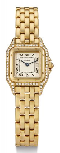 Cartier A LADY'S YELLOW GOLD AND DIAMOND-SET SQUARE WRISTWATCH WITH BRACELET PANTHÈRE CIRCA 2000
