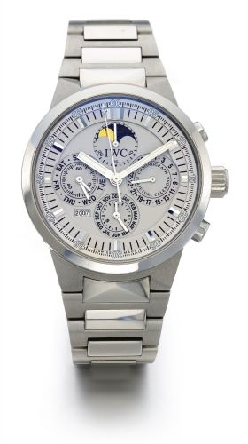 IWC A STAINLESS STEEL AUTOMATIC PERPETUAL CALENDAR CHRONOGRAPH WRISTWATCH WITH MOON PHASES REGISTERS AND BRACELET REF 3756 NO 2875263 GST PERPETUAL CALENDAR CIRCA 2001