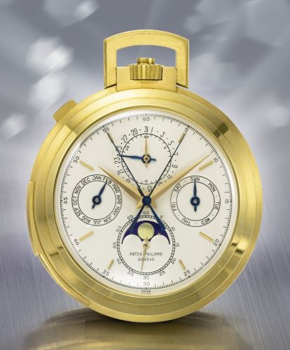Patek Philippe AN IMPORTANT AND RARE YELLOW GOLD PERPETUAL CALENDAR MINUTE REPEATING SPLIT SECONDS CHRONOGRAPH OPEN-FACED WATCH WITH MOON PHASES AND REGISTER REF 767/3 MVT 127687 CASE 313380 MADE IN 1904 SOLD IN 1965