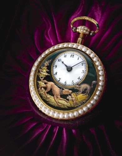 Piguet Meylan: The Barking Dog A SMALL GOLD, ENAMEL AND PEARL QUARTER REPEATING AUTOMATON WATCH FOR THE CHINESE MARKET NO 280 CIRCA 1814