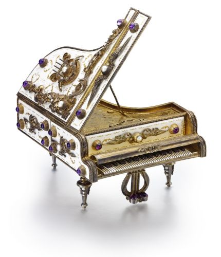 Reuge A GILT METAL ENAMEL AND GEM-SET MUSICAL BOX IN THE FORM OF A PIANO MID 20TH CENTURY