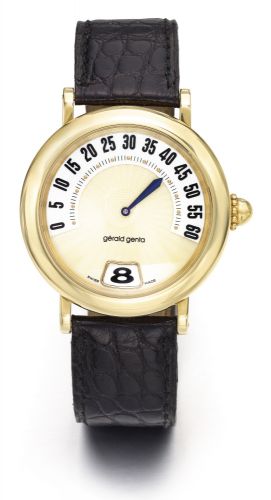 Gérald Genta A YELLOW GOLD AND MOTHER-OF-PEARL AUTOMATIC JUMP HOUR WRISTWATCH WITH RETROGRADE MINUTES REF G3634 CASE 78303 RETRO CLASSIC CIRCA 2000
