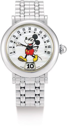 Gerald Genta FANTASY RETRO MICKEY MOUSE, REFERENCE G3632 A STAINLESS STEEL JUMPING HOUR WRISTWATCH WITH RETROGRADE MINUTES, MOTHER-OF-PEARL DIAL AND BRACELET, CIRCA 1995