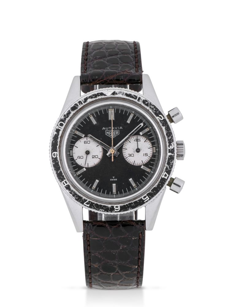 HEUER | 'MARIO ANDRETTI' AUTAVIA, REF 3646 STAINLESS STEEL CHRONOGRAPH WRISTWATCH MADE FOR THE ARGENTINIAN AIR FORCE CIRCA 1965