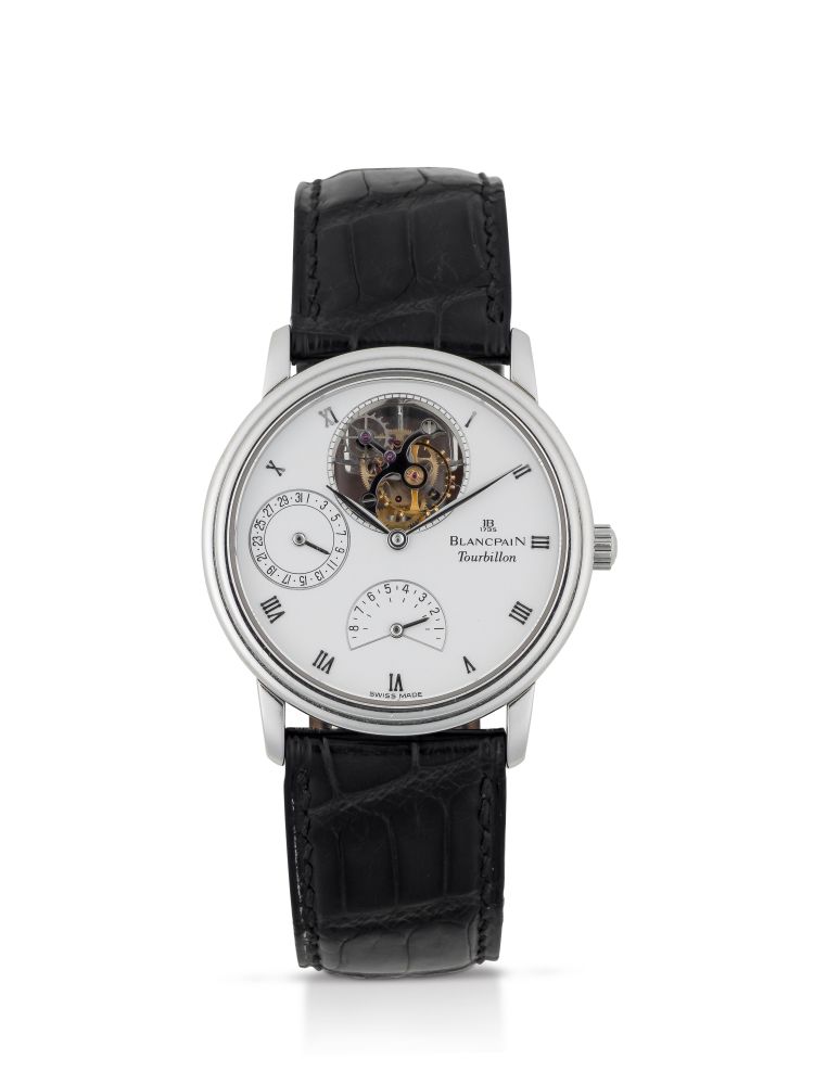 BLANCPAIN | VILLERET, REF 0023-3427.55 PLATINUM TOURBILLON WRISTWATCH WITH DATE AND POWER RESERVE INDICATION CIRCA 1997