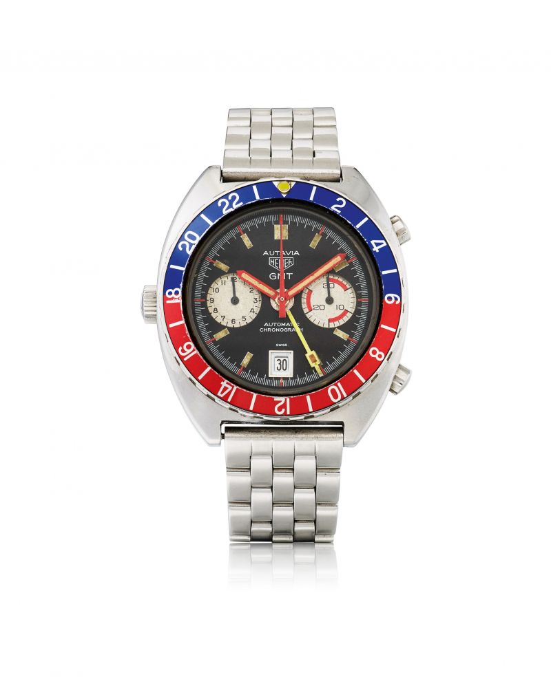 HEUER | AUTAVIA GMT, REF 11630 STAINLESS STEEL DUAL TIME CHRONOGRAPH WRISTWATCH WITH DATE AND BRACELET CIRCA 1978