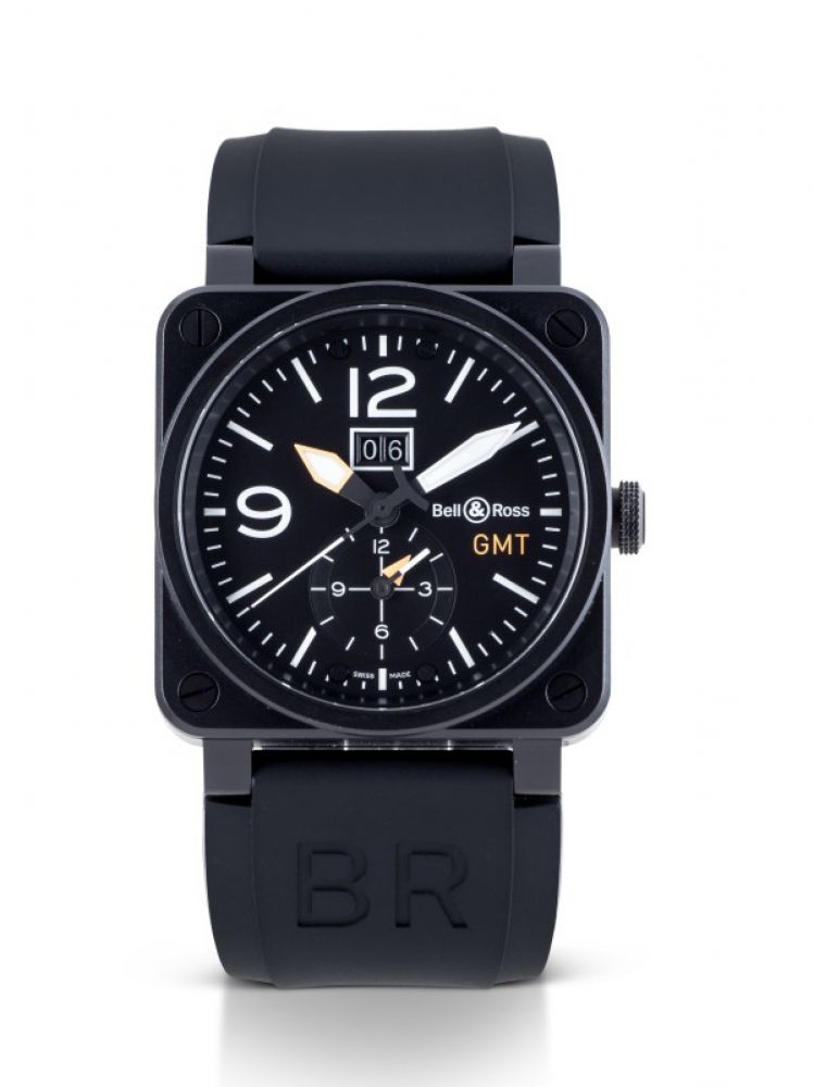 BELL ROSS | AVIATION TYPE GMT, REF BR03-51-S BLACK PVD-COATED STAINLESS STEEL DUAL TIME WRISTWATCH WITH DATE CIRCA 2014