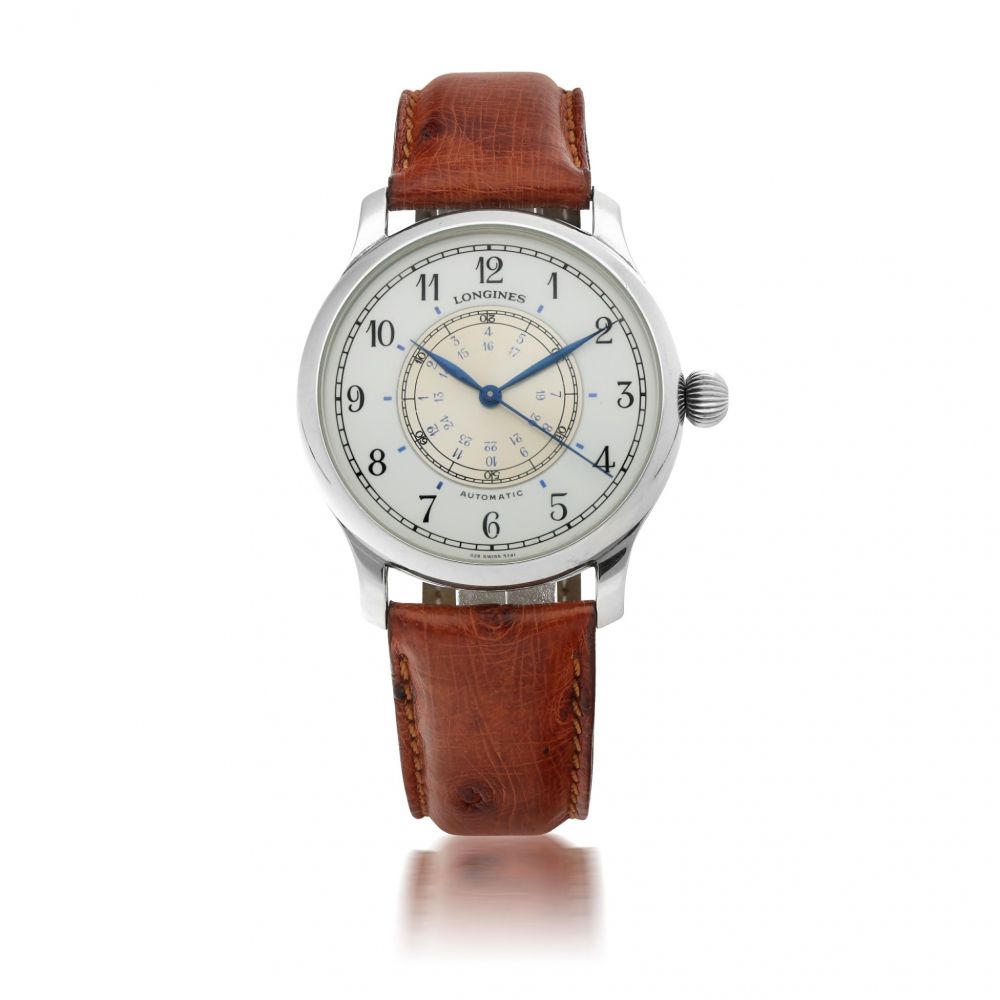 LONGINES | LINDBERGH WEEMS NAVIGATION WATCH ‘SWISSAIR EXCLUSIVE’, REF 628.5241 STAINLESS STEEL AVIATOR'S WRISTWATCH WITH DUAL TIME ZONE CIRCA 1990