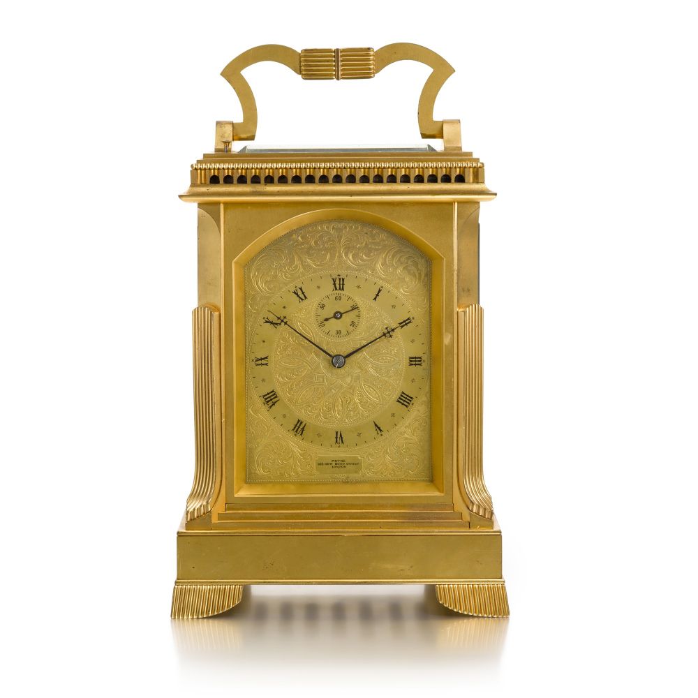 WILLIAM PAYNE | A GILT-BRASS QUARTER CHIMING REPEATING CARRIAGE CLOCK, LONDON, CIRCA 1850