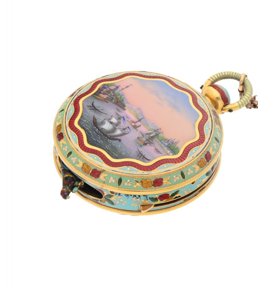 FRÈRES ROCHAT | A MAGNIFICENT AND EXCEPTIONALLY RARE GOLD AND ENAMEL WATCH WITH SINGING BIRD AUTOMATON EMERGING FROM THE CASE SIDE MADE FOR THE TURKISH MARKET CIRCA 1820, NO. 202