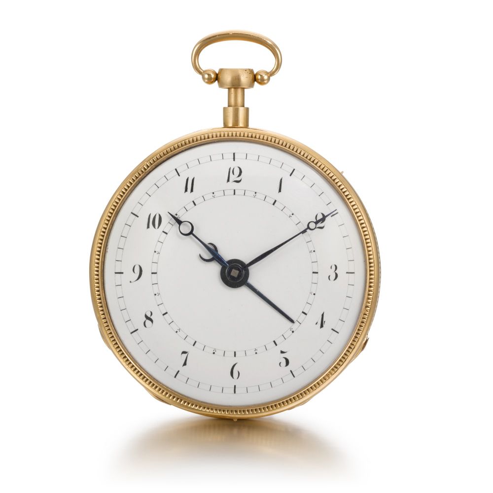 MOULINIE BAUTTE MOYNIER | A GOLD OPEN-FACED QUARTER REPEATING MUSICAL WATCH WITH ALARM CIRCA 1825