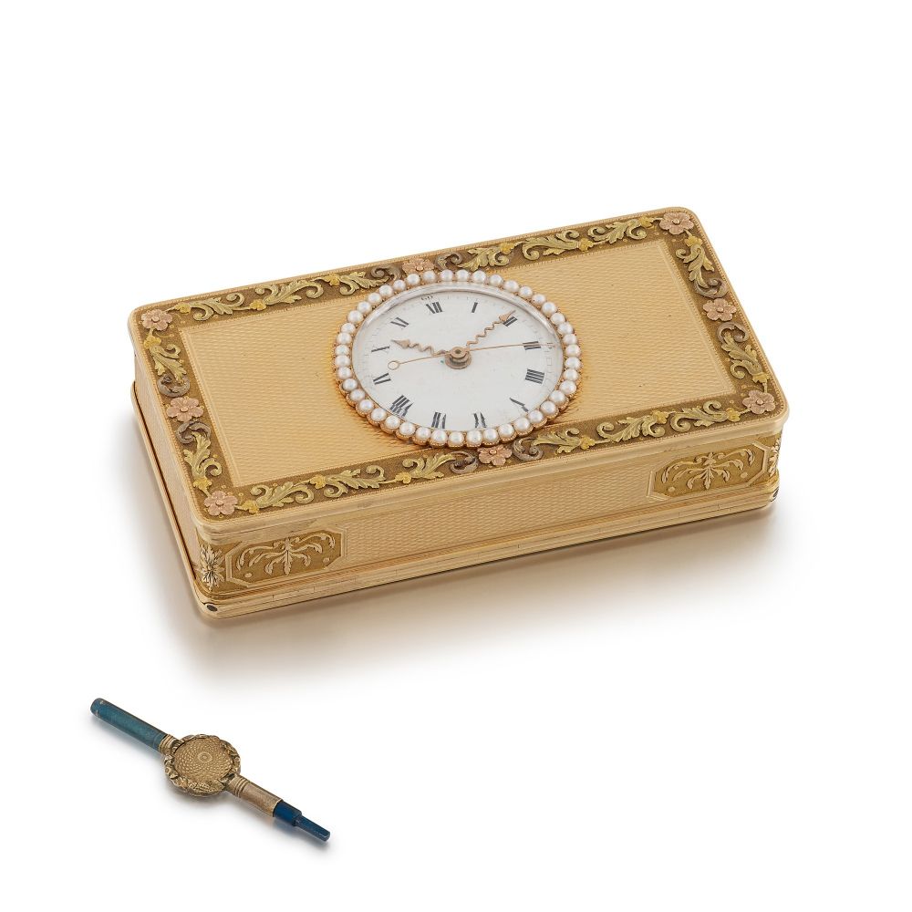 A PEARL-SET FOUR-COLOUR GOLD AND ENAMEL MUSICAL WATCH SNUFF BOX, THE MOVEMENT ATTRIBUTED TO PIGUET MEYLAN, GENEVA, CIRCA 1820