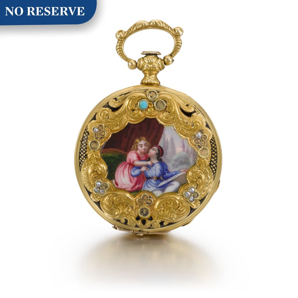 SWISS | A GOLD AND ENAMEL OPEN-FACED CYLINDER WATCH CIRCA 1850
