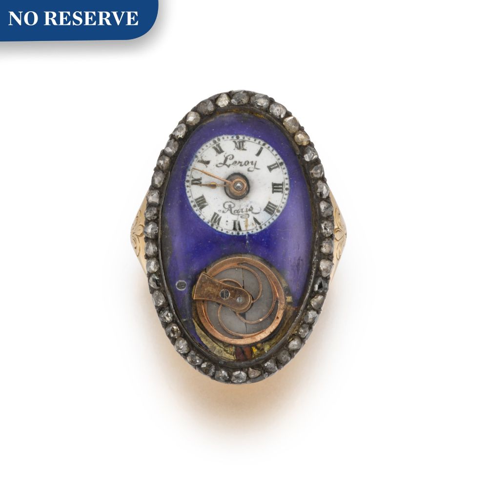 LEROY, À PARIS | AN OVAL GOLD, ENAMEL AND DIAMOND-SET RING WATCH WITH VISIBLE BALANCE, CIRCA 1830