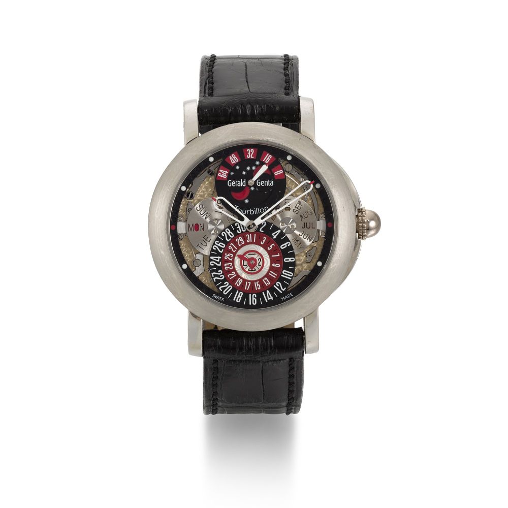 GÉRALD GENTA | ARENA NO 3, REF ATM.X.75, PLATINUM AND PALLADIUM TOURBILLON SEMI-SKELETONISED PERPETUAL CALENDAR WRISTWATCH WITH POWER RESERVE, LEAP-YEAR AND MOON-PHASE INDICATION, CIRCA 2005
