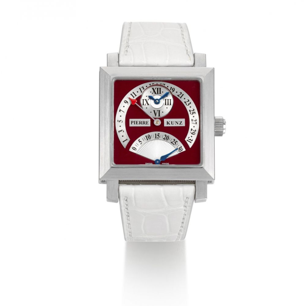 PIERRE KUNZ | REF PKL 015 SDR WHITE GOLD SQUARE-FORM WRISTWATCH WITH DATE AND 30-SECOND RETROGRADE INDICATION CIRCA 2015