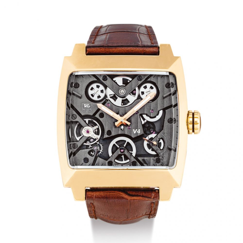 TAG HEUER | MONACO V4 A LIMITED EDITION PINK GOLD SEMI-SKELETONISED WRISTWATCH WITH MECHANICAL TRANSMISSION BELTS AND LINEAR WINDING SYSTEM, CIRCA 2013 | 泰格豪雅 | Monaco V4 限量版粉紅金半鏤空腕錶，備動力傳送帶及縱向上弦系統，錶殼編號51/60，約2013年製