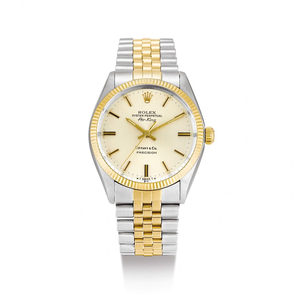 ROLEX | AIR KING, REFERENCE 5501 A YELLOW GOLD AND STAINLESS STEEL WRISTWATCH WITH BRACELET, RETAILED BY TIFFANY CO., CIRCA 1987 | 勞力士 | Air King 型號5501 黃金及精鋼鏈帶腕錶，由蒂芙尼發行，錶殼編號9444494，約1987年製