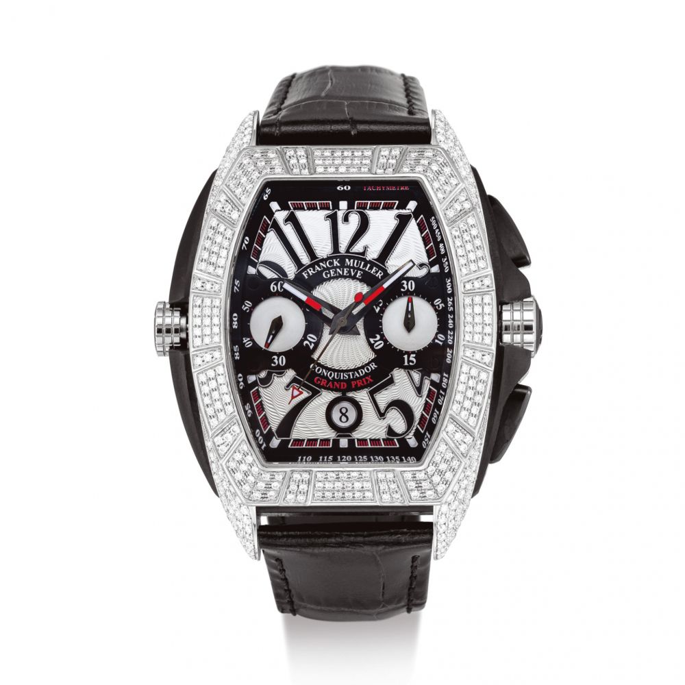 FRANCK MULLER | CONQUISTADOR GRAND PRIX, REFERENCE 8900 CC DT GPG FULL D A WHITE GOLD AND DIAMOND-SET CHRONOGRAPH WRISTWATCH WITH DATE, CIRCA 2008 | Conquistador Grand Prix 型號8900 CC DT GPG FULL D 白金鑲鑽石計時腕錶，備日期顯示，錶殼編號01，約2008年製