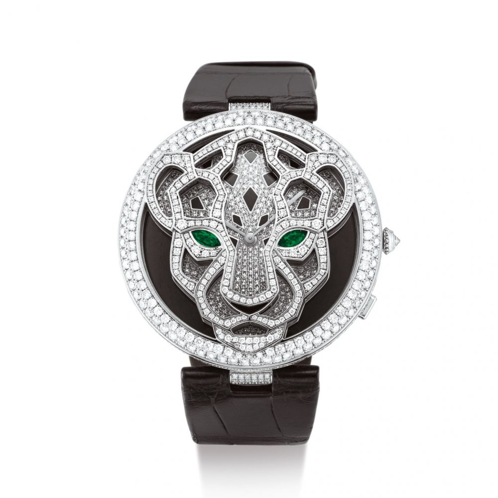 CARTIER | LE CIRQUE ANIMALIER DE CARTIER PANTHER, REFERENCE HPI00338 A LIMITED EDITION WHITE GOLD, DIAMOND AND EMERALD-SET WRISTWATCH WITH CONCEALED BLACK ENAMEL DIAL, CIRCA 2010 | 卡地亞 | Le Cirque Animalier De Cartier Panther 型號HPI00338 限量版白金鑲鑽石及綠寶石腕錶，備隱藏