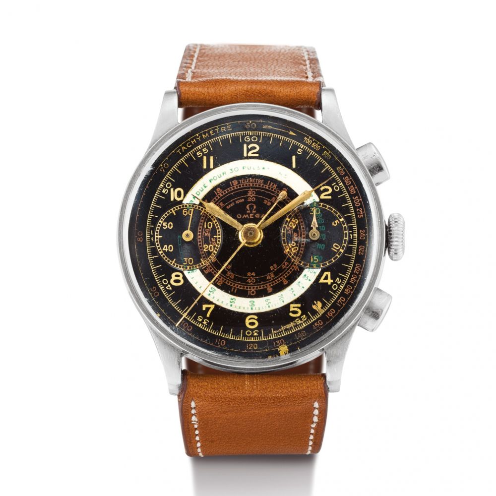 OMEGA | REFERENCE CK 2077 A STAINLESS STEEL MULTI-SCALE CHRONOGRAPH WRISTWATCH WITH BLACK DIAL AND PULSATION SCALE, CIRCA 1950 | 奧米茄 | 型號CK 2077 精鋼多刻度計時腕錶，備黑色錶盤及脈搏計刻度，機芯編號9386833，錶殼編號9977567，約1950年製