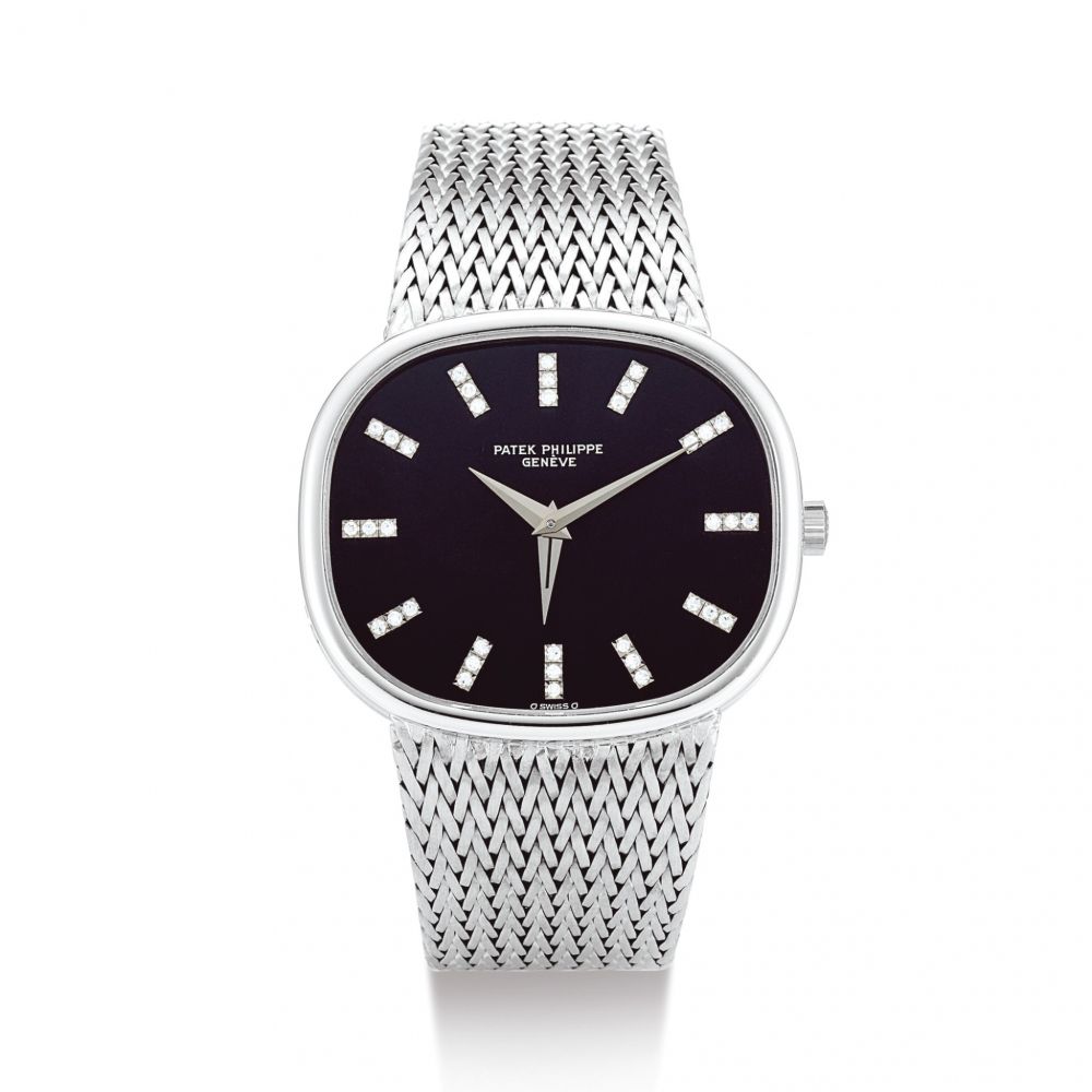 PATEK PHILIPPE | ELLIPSE HEURES SAUTANTES, REFERENCE 3619/1 A WHITE GOLD AND DIAMOND-SET DUAL TIME ZONE BRACELET WATCH WITH BLACK LACQUER DIAL, MADE IN 1975  | 百達翡麗 | Ellipse “Heures Sautantes” 型號3619/1 白金鑲鑽石兩地時間鏈帶腕錶，備黑漆錶盤，機芯編號739715，錶殼編號2757195，1975年製