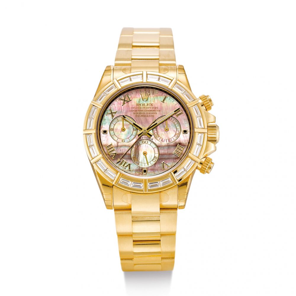 ROLEX | COSMOGRAPH DAYTONA, REFERENCE 116568H A YELLOW GOLD DIAMOND-SET CHRONOGRAPH WRISTWATCH WITH MOTHER-OF-PEARL DIAL AND BRACELET, CIRCA 2009  | 勞力士 | Cosmograph Daytona 型號116568H 黃金鑲鑽石計時鏈帶腕錶，備珠母貝錶盤，錶殼編號V487492，約2009年製