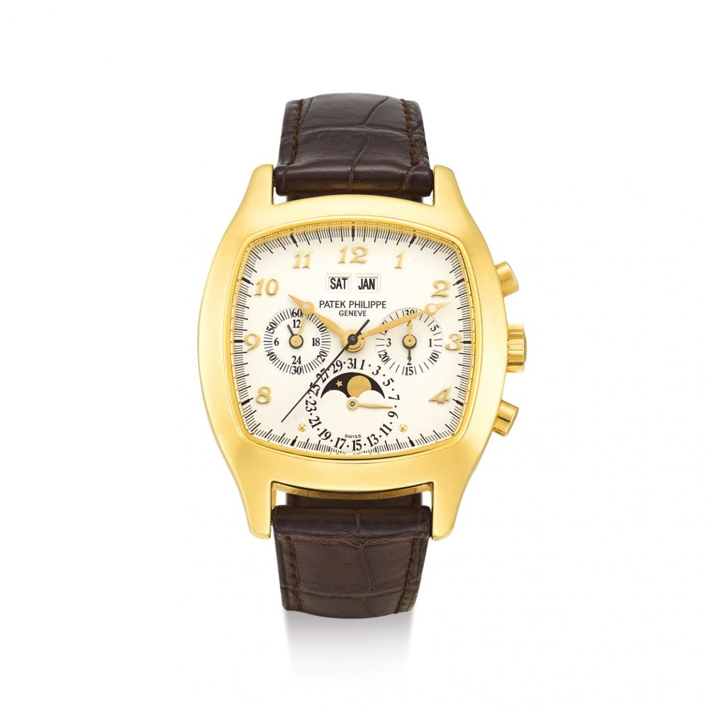 PATEK PHILIPPE | REFERENCE 5020 A YELLOW GOLD PERPETUAL CALENDAR CHRONOGAPH WRISTWATCH WITH MOON PHASES, 24 HOURS AND LEAP YEAR INDICATION, MADE IN 1994 | 百達翡麗 | 型號5020 黃金萬年曆計時腕錶，備月相、24小時及閏年顯示，機芯編號3045140，錶殼編號2956144，1994年製