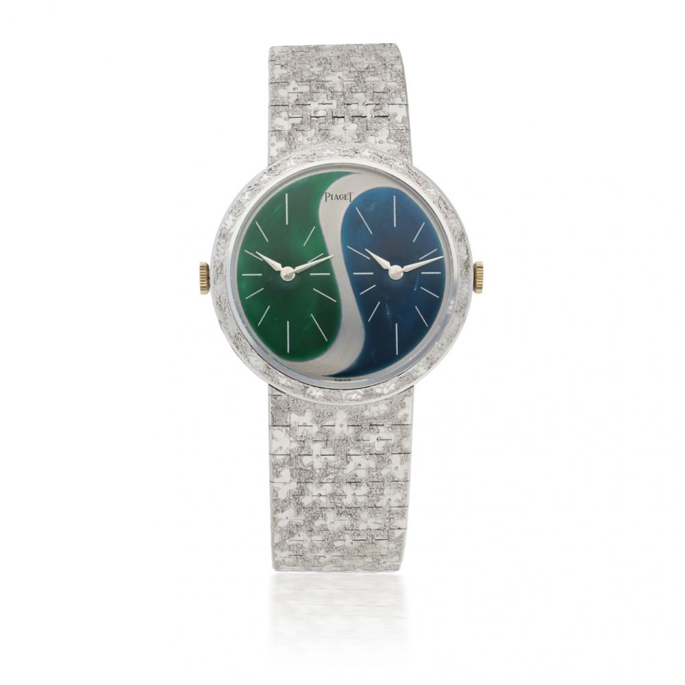 PIAGET | REF 612103 A 31 WHITE GOLD AND ENAMEL DUAL TIME BRACELET WATCH CIRCA 1975