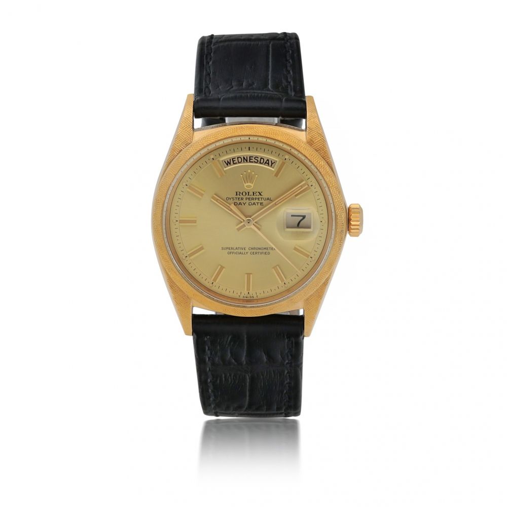 ROLEX | DAY-DATE 'WIDE BOY', REF 1806 YELLOW GOLD WRISTWATCH WITH DAY, DATE AND FLORENTINE CASE FINISH CIRCA 1966