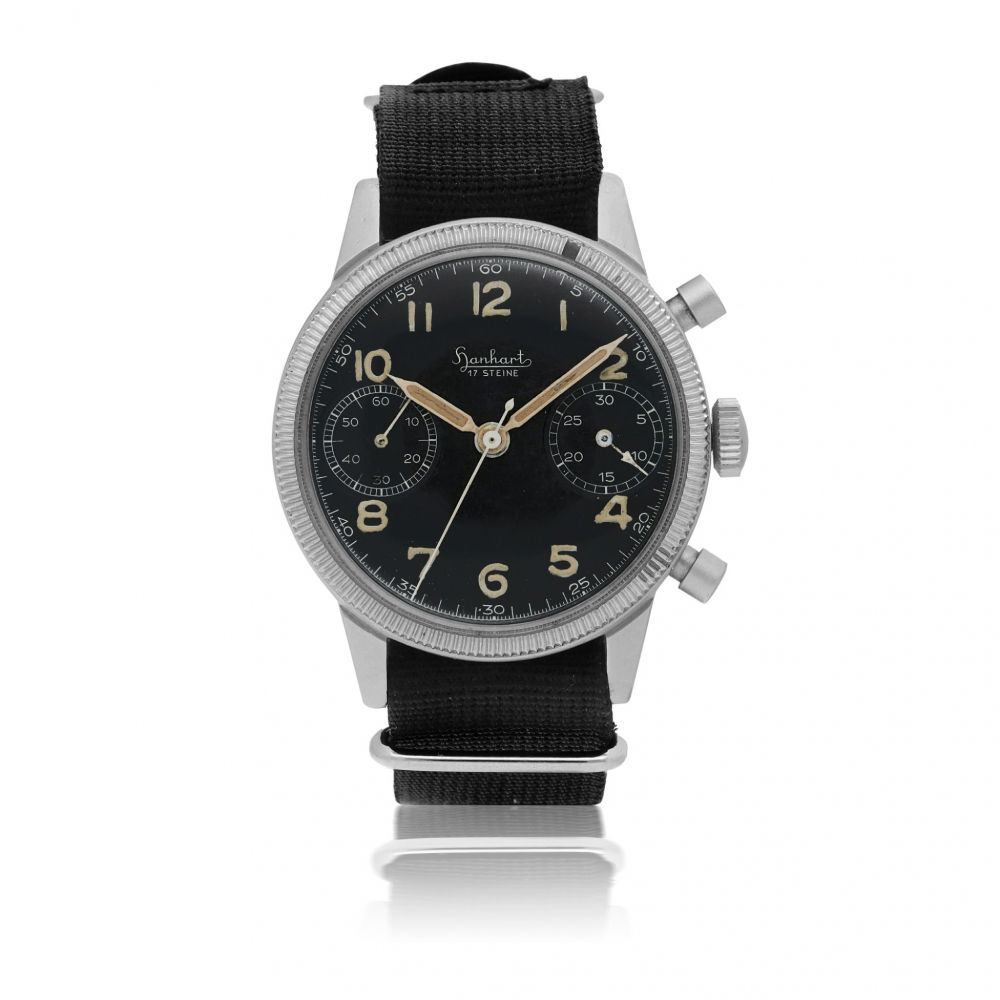 HANHART | 'FLIEGER', REF 417, MILITARY NICKEL-PLATED BRASS FLYBACK CHRONOGRAPH WRISTWATCH CIRCA 1955