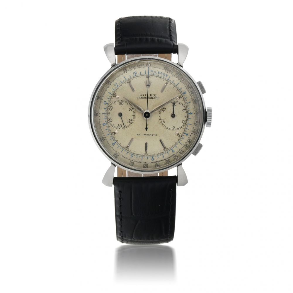 ROLEX | REF 4099 STAINLESS STEEL CHRONOGRAPH WRISTWATCH WITH FLARED LUGS CIRCA 1940