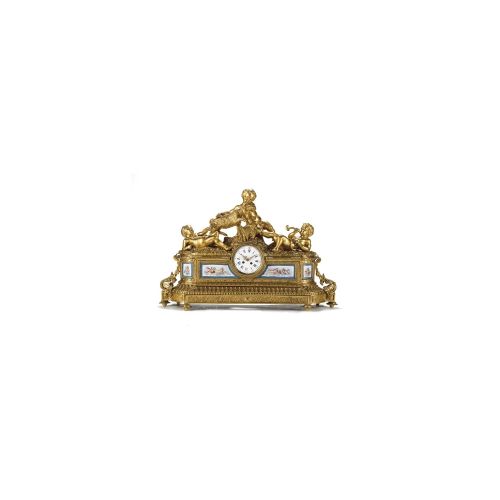 A large French Napoleon III gilt bronze 'Sevres' mounted sculptural mantel clock, circa 1870