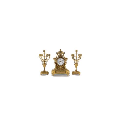 A French Louis XVI-style gilt bronze mantel clock garniture, third quarter 19th century