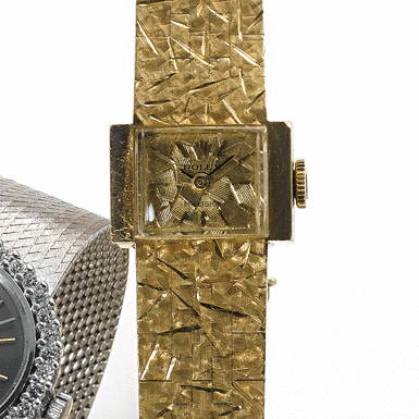 ROLEX, A LADY'S GOLD RECTANGULAR BRACELET WATCH PRECISION, CIRCA 1960, REF. 2855