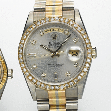 ROLEX, A THREE-COLOUR GOLD AND DIAMOND SET AUTOMATIC CENTRE SECONDS WRISTWATCH WITH DAY, DATE AND BRACELET DAY-DATE, OYSTER PERPETUAL, CIRCA 1988, REF. 18349