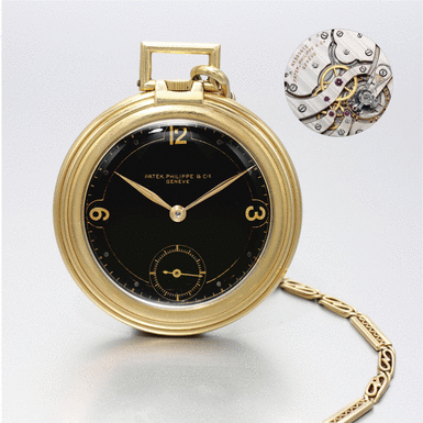 PATEK PHILIPPE - A rare gold open-faced keyless lever watch with black dial 1938, no.880.412, ref.677