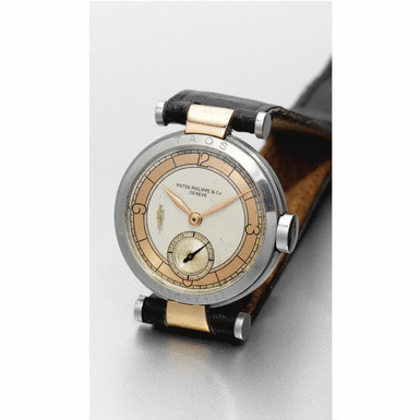 PATEK PHILIPPE - A rare and unusual steel and pink gold wristwatch with three-tone dial and T-bar lugs 'Taos', 1937, no.818.213, ref.453