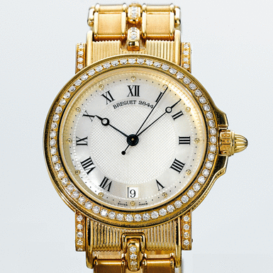 BREGUET, A GOLD AND DIAMOND AUTOMATIC CENTRE SECONDS WRISTWATCH WITH DATE, BRACELET AND MOTHER-OF-PEARL DIAL CIRCA 2000 MARINE