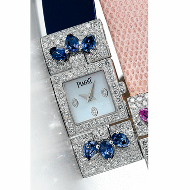 PIAGET, A LADY'S WHITE GOLD, DIAMOND AND SAPPHIRE SET&&NBSP - SQUARE WRISTWATCH WITH MOTHER-OF-PEARL DIAL CIRCA 2007 REF P10071