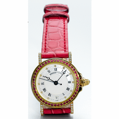 BREGUET, A LADY'S GOLD, DIAMOND AND RUBY SET AUTOMATIC CENTRE SECONDS WRISTWATCH WITH&&NBSP - DATE AND MOTHER-OF-PEARL DIAL CIRCA 2000 REF 1476E