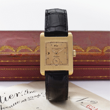 PATEK PHILIPPE - RETAILED BY CARTIER: A Gold Square Wristwatch 1942 REF 439J MVT 911037 CASE 629124