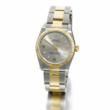 ROLEX - a mid-size stainless steel and gold automatic centre seconds wristwatch with bracelet circa 2003 Oyster Perpetual ref 77513