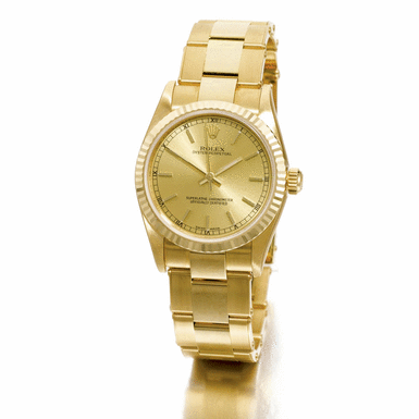 ROLEX - A gold mid-size automatic centre seconds wristwatch with bracelet circa 2003 ref 77518 Oyster Perpetual