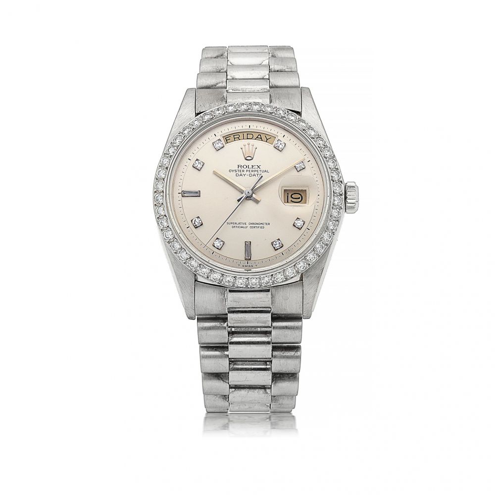 ROLEX | DAY-DATE, REF 1804 WHITE GOLD AND DIAMOND-SET WRISTWATCH WITH DAY, DATE AND BRACELET CIRCA 1979