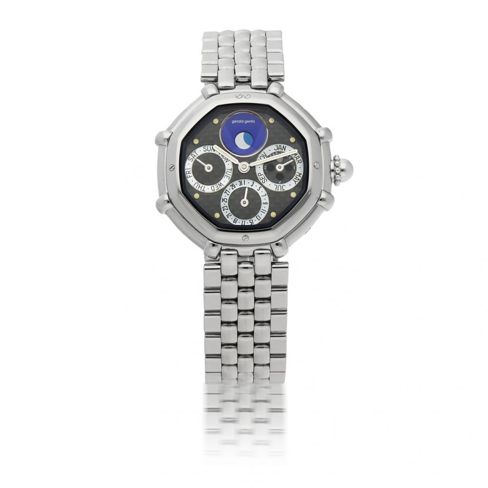 GERALD GENTA | SUCCESS, REF G.3374.7 STAINLESS STEEL LAPIS LAZULI AND MOTHER-OF-PEARL PERPETUAL CALENDAR WRISTWATCH WITH LEAP-YEAR INDICATION AND MOON PHASES CIRCA 2000
